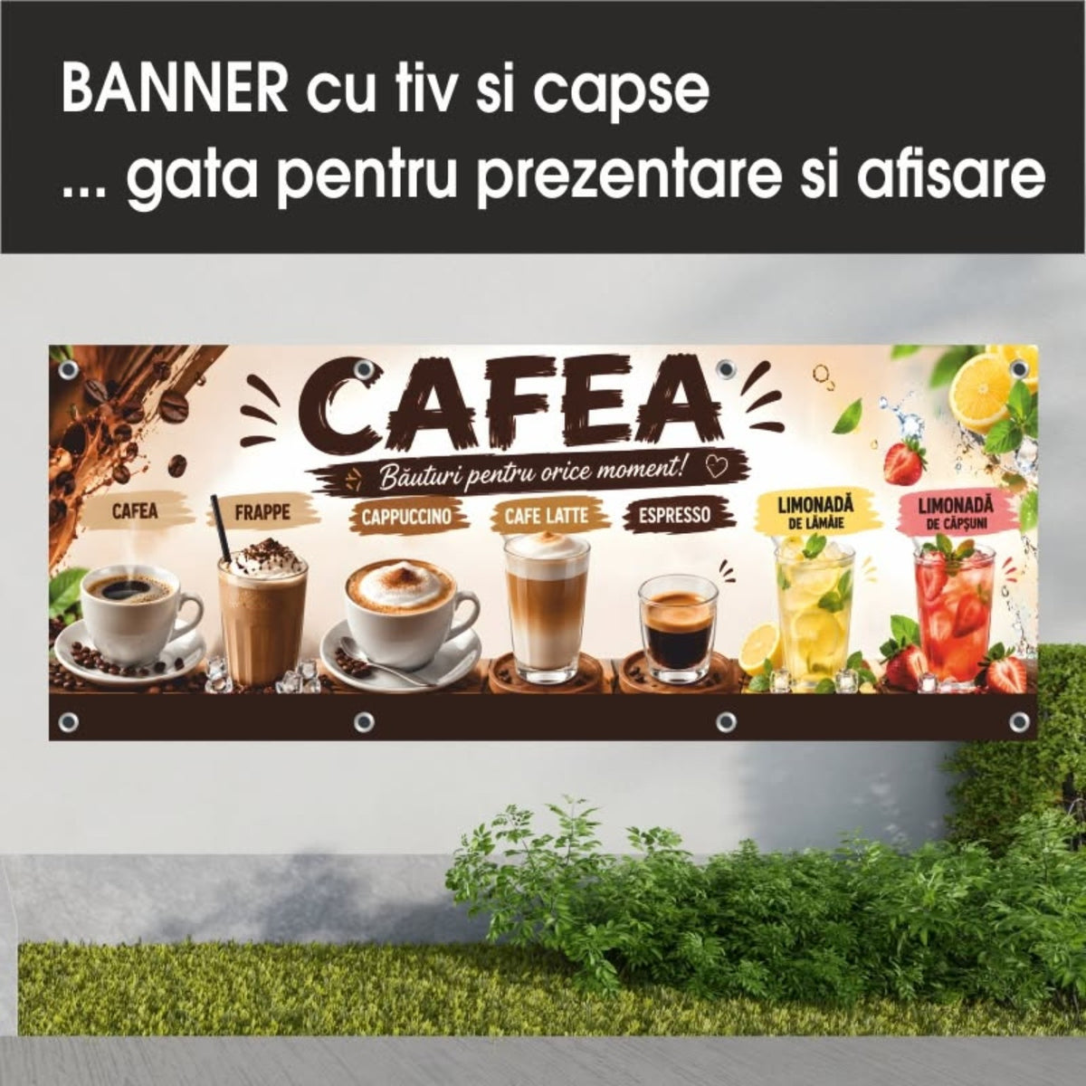 Banner publicitar Cafea cu tiv și capse – Model crem cu băuturi și fructe