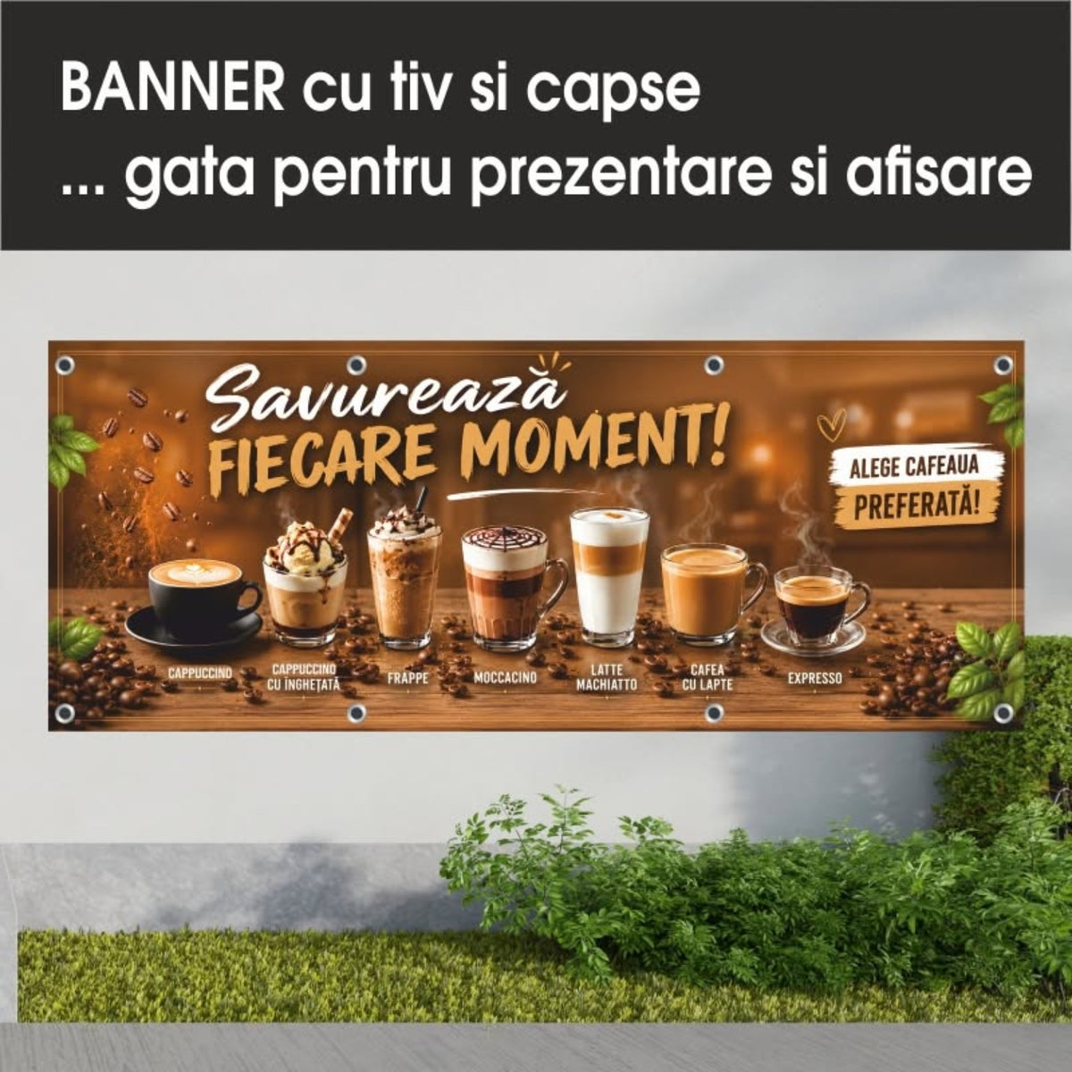 Banner publicitar Cafea – Savurează fiecare moment cu tiv și capse – Model maro