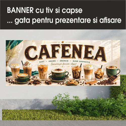 Banner publicitar Cafenea cu tiv și capse – Model crem cu accente verzi