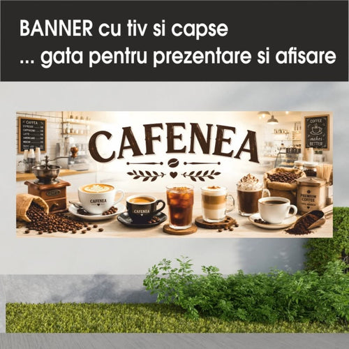 Banner publicitar Cafenea cu tiv și capse – Model cu interior de coffee shop