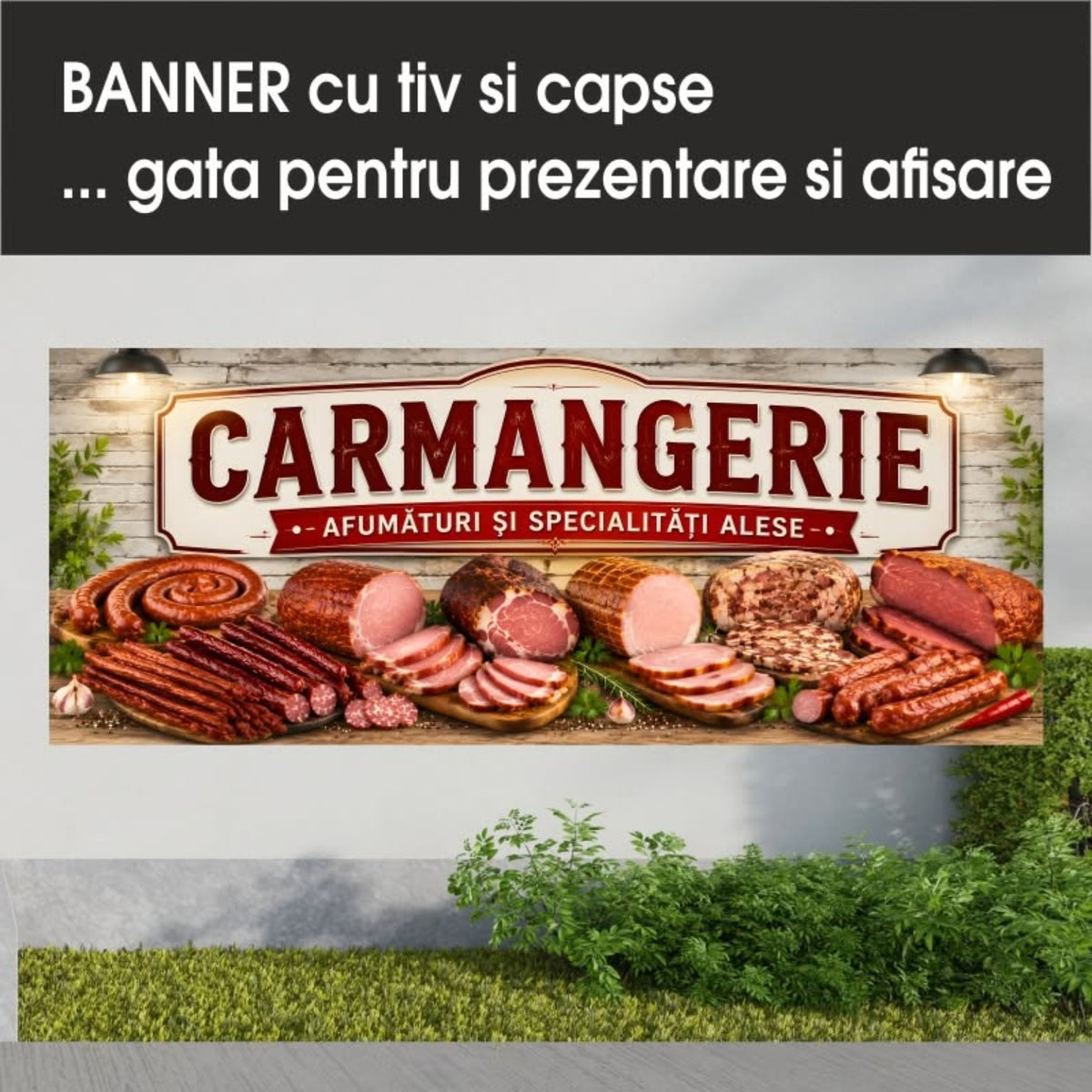 Banner publicitar Carmangerie cu tiv și capse – Model crem cu specialități