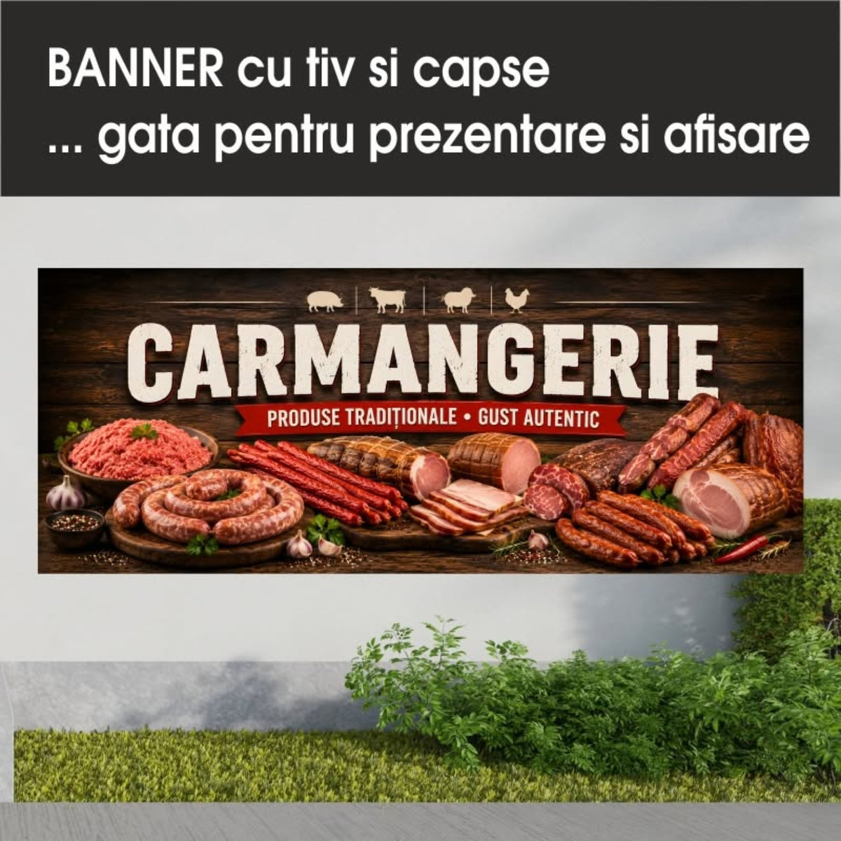 Banner publicitar Carmangerie cu tiv și capse – Model rustic închis