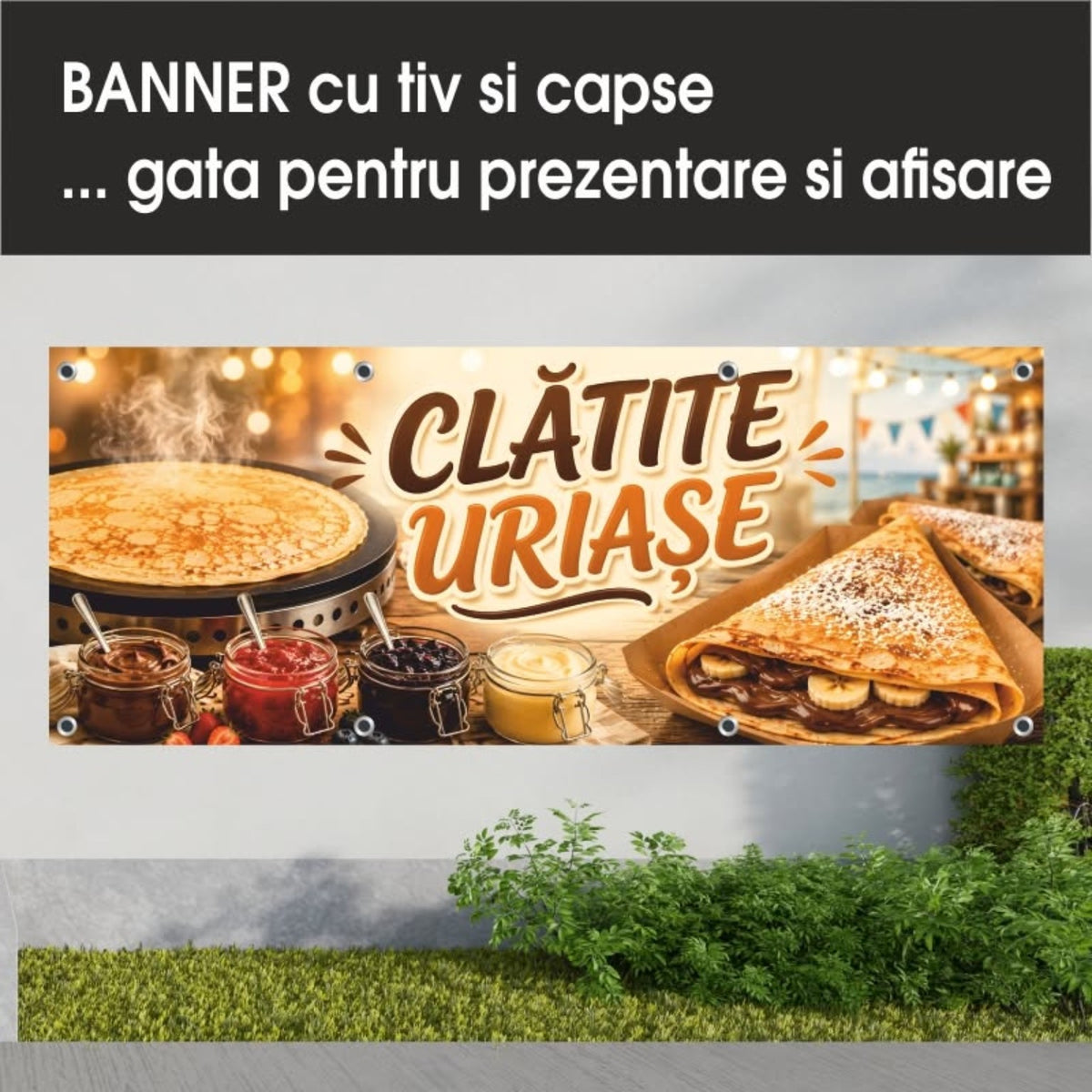 Banner publicitar Clătite uriașe cu tiv și capse – Model auriu
