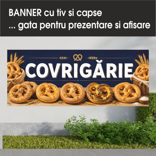 Banner publicitar Covrigărie cu tiv și capse – Model bleumarin cu covrigi