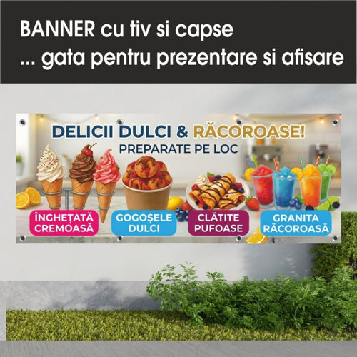 Banner publicitar Delicii dulci și răcoroase cu tiv și capse – Model crem
