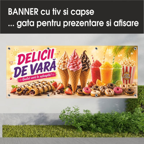 Banner publicitar Delicii de vară cu tiv și capse – Model galben