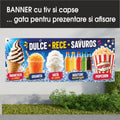 Banner publicitar Dulce, rece, savuros cu tiv și capse – Model albastru cu deserturi
