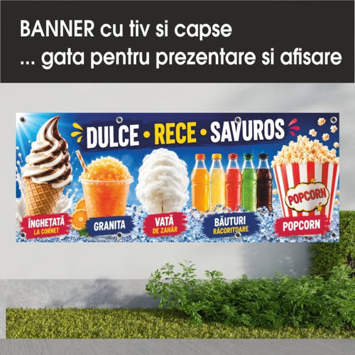Banner publicitar Dulce, rece, savuros cu tiv și capse – Model albastru cu deserturi