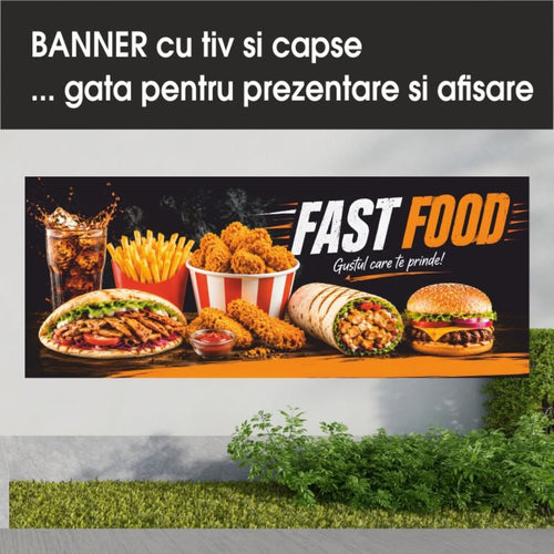 Banner publicitar Fast Food cu tiv și capse – Model negru și portocaliu