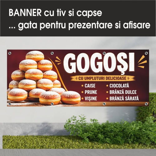 Banner publicitar Gogoși cu tiv și capse – Model bordo cu umpluturi