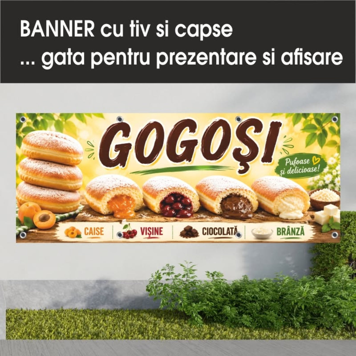 Banner publicitar Gogoși cu tiv și capse – Model crem cu sortimente