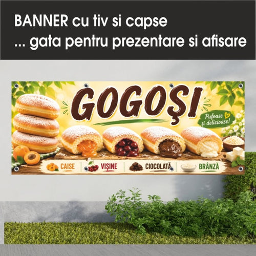 Banner publicitar Gogoși cu tiv și capse – Model crem cu sortimente
