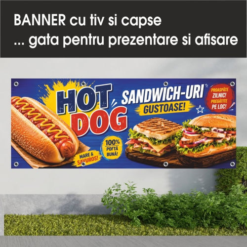 Banner publicitar Hot Dog și Sandwich-uri cu tiv și capse – Model albastru și galben