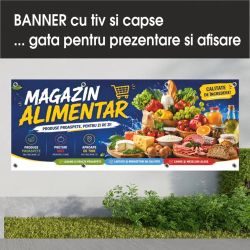 Banner publicitar Magazin alimentar cu tiv și capse – Model bleumarin cu ofertă variată