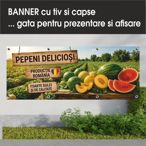 Banner publicitar Pepeni delicioși cu tiv și capse – Model cu plantație