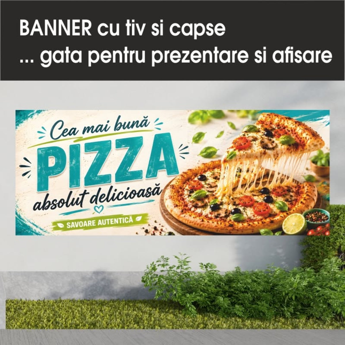 Banner publicitar Pizza cu tiv și capse – Model crem și turcoaz