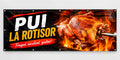 Banner publicitar Pui la rotisor, model cu pui rumenit, din PVC cu tiv și capse