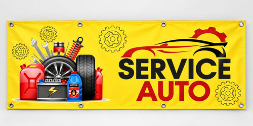 Banner publicitar service auto, model galben, cu tiv și capse