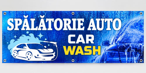 Banner publicitar spălătorie auto – car wash, model albastru, cu tiv și capse