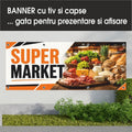 Banner publicitar Supermarket, model alb și portocaliu, din PVC cu tiv și capse