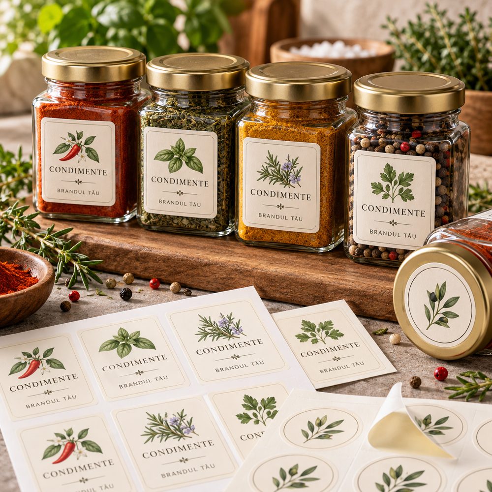 Etichete personalizate pentru condimente și recipiente mici — exemplu de personalizare